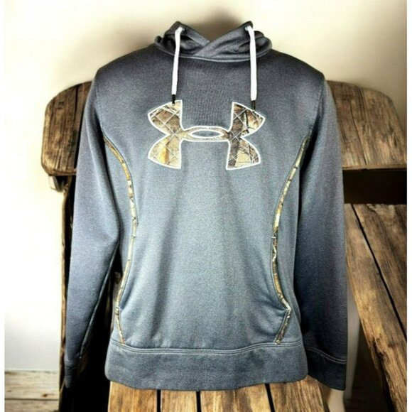 Under Armour Mens Loose Fit Grey Hoodie Medium Camo Logo - Picture 1 of 7